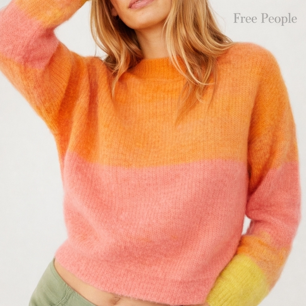 Free People Colorblock Crewneck Sweater in Orange, Pink & Yellow